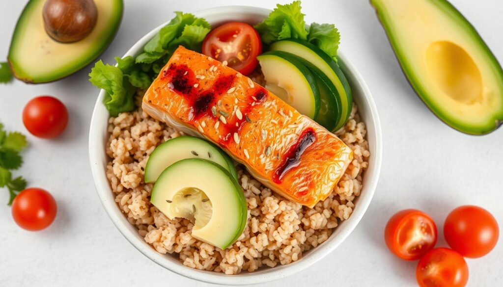 Healthy salmon and rice bowl